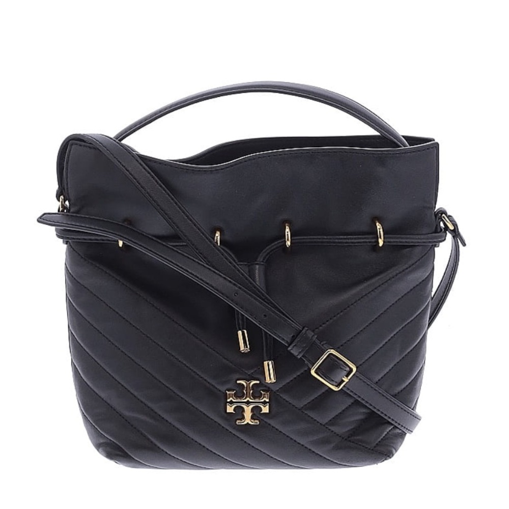 Tory Burch Kira Chevron Mini Bucket Bag in black with gold accents